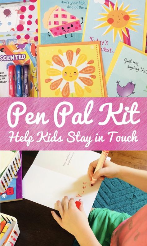 Create a Pen Pal Kit for Kids with Dollar Tree Cards to help them stay in touch with cousins and friends from out of town. #dollartree #penpal #snailmail #happymail Pen Pals Elementary School, Pen Pals For Kids, Make Your Own Stationary, Kid Pen Pal Ideas, Toddler Pen Pal Ideas, Pen Pal Ideas For Kids, Pen Pal Gift Ideas, Pen Pal Crafts, Penpal Kit