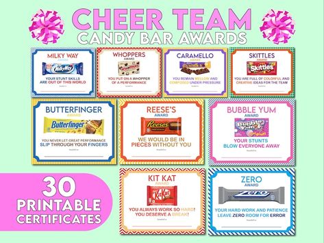 Candy Awards, Candy Bar Awards, Candy Bar Gifts, Funny Awards, Cheer Banquet, Fun Awards, Award Ideas, Cheer Coach, Cheer Party