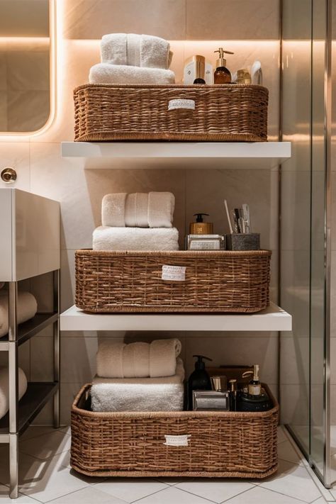 25 Bathroom Storage Ideas [Within Budget] – craftydiyers.com Bathroom Organization Open Shelves, Bathroom Shelves And Storage, Bathroom Storage Open Shelving, Bathroom Open Shelving Organization, Bathroom Storage Basket Ideas, Bamboo Shelves Bathroom, Bathroom Caddy Ideas Organizations, Open Vanity Storage Ideas, Master Bath Counter Organization