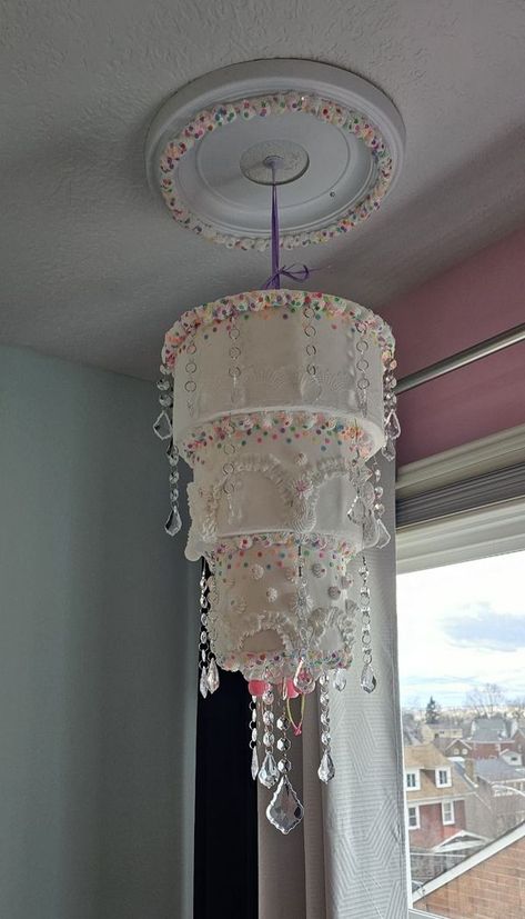 DO YOU LOVE TO BAKE THE FAKE !!!! | I replaced some crystals to make this lighter, and after researching glues, this is now rehung. | Facebook Cake Chandelier, Faux Cake, Bakery Design, Fake Bake, Design Inspo, Art Diy, Kitchen And Bath, Super Cute, Baking