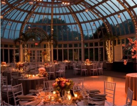 Wedding reception dinner under glass dome, feminine  and romantic - Brooklyn Botanical Gardens Glass Wedding Venues Receptions, Night Wedding Reception Indoor, Wedding Party Venues Indoor, Glass Garden Wedding, Wedding Indoor Venue Ideas, Pretty Wedding Venues Indoor, Wedding Venue Night, Glass Wedding Venues, Centerpieces Lights