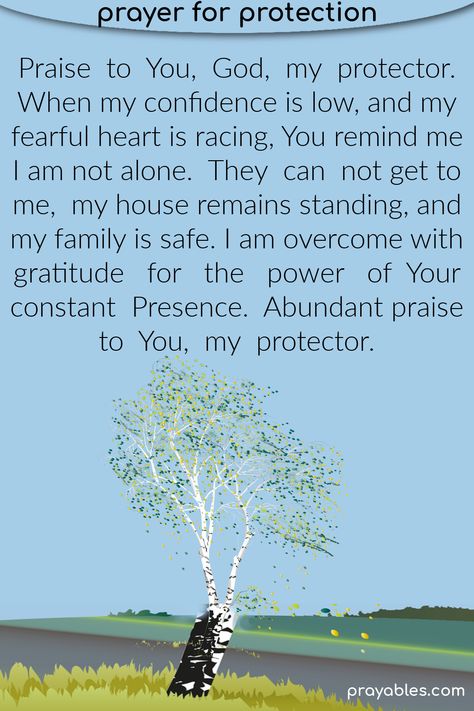 Praise to You, God, my protector. When my confidence is low, and my fearful heart is racing, You remind me I am not alone. They can not get to me, my house remains standing, and my family is safe. I am overcome with gratitude for the power of Your constant Presence. Abundant praise to You, my protector. ~Share this prayer and pray daily. There's more prayers for protection on prayables.com Prayer For Family Protection, Prayers Protection, Prayers For Family Protection, Prayers For Protection, My Protector, Pray Daily, Family Protection, Protect Family, Prayer For Protection