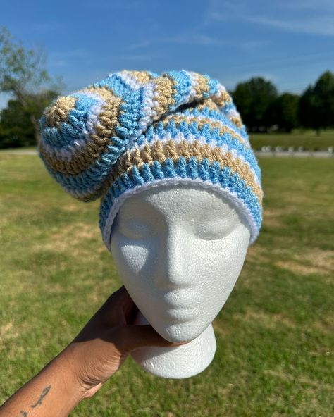 blue + tan + white slouch beanie Tan Crochet, Crochet Business, Slouch Beanie, Crochet Things, Crochet Inspo, Fun Crochet, Loose Ends, Fun Crochet Projects, Crochet Stuff