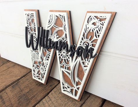 Last Name Letter Monogram, Custom Wedding Decor Sign, Wall Initial with Family Name Letter Door Hangers, Wood Initials, Initial Wall Art, Custom Wedding Decor, Initial Wall, Wooden Monogram, Laser Engraved Ideas, Wood Stain Colors, Handmade Wall Decor