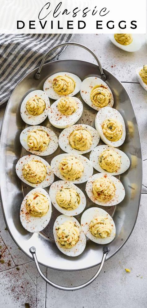 Easy deviled eggs, a perfect holiday appetizer for dinner parties and gatherings. Classic Deviled Eggs Recipe Simple, Christmas Deviled Eggs Ideas, Classic Deviled Eggs Recipe Best, Dressed Eggs, Deviled Eggs Recipe Best Easy, Simple Deviled Eggs, Devilled Eggs Recipe, Simple Deviled Eggs Recipe, Easy Deviled Eggs Recipe