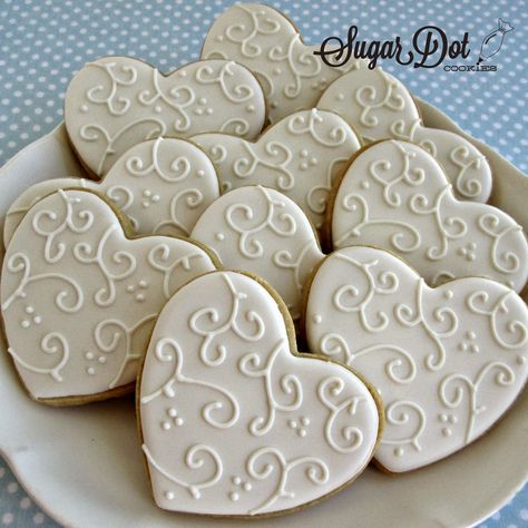 Sugar Dot Cookies: White on White Heart Sugar Cookies (Simple but very pretty) Decorated Bridal Shower Cookies, Heart Cut Out Cookies, Bridal Shower Cookies Simple, Fancy Cookies Wedding, Bridal Shower Cookie Ideas, Simple Bridal Shower Cookies, Simple Wedding Cookies Decorated, Wedding Shower Cookies Decorated, Wedding Cookies Decorated Simple