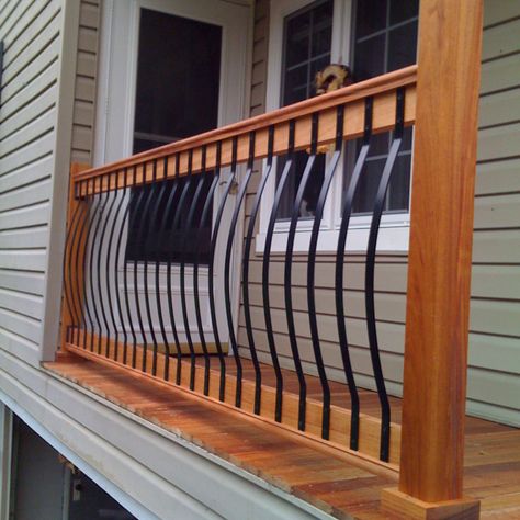 Porch renovation - Custom cut mahogany rail.  Deckorators 32-1/4" Black Aluminum Architectural Balusters from Lowes. Porch Renovation, Porch Railing, Deck Railings, Balcony Decor, Cool Diy, Railing, Diy Inspiration, Furniture Makeover, Front Porch