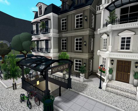 Bloxburg New York Apartment Ideas, Blocksburg City Layout, Town Homes Bloxburg, Bloxburg European City, Nyc City Bloxburg, New York Town Bloxburg, Bloxburg Nyc City Layout, Bloxburg Town Exterior, Drawer Decals Bloxburg