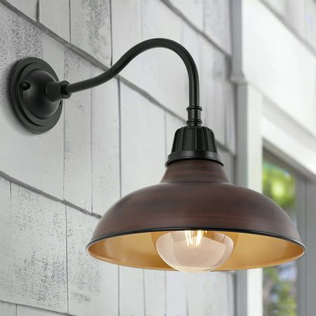 Suitable for indoor or outdoor use in a covered location; our light fixtures work with LED-compatible dimmers  Add vintage style to an outdoor wall, porch, kitchen, or hospitality project with our farmhouse wall light)  Eco-friendly 4W LED bulb included  Takes 1 bulb and compatible with TYPE "A" 60W or CFL 13W or LED 9W  Color Temperature: 2700K  CRI: 80 Size: 19.00" x 19.00" x 16.50".  Color: Brown. Farmhouse Wall Lighting, Outdoor Light Bulbs, Shiplap Walls, Farmhouse Designs, Outdoor Barn Lighting, Farmhouse Industrial, Metal Wall Light, A Globe, Led Outdoor Wall Lights