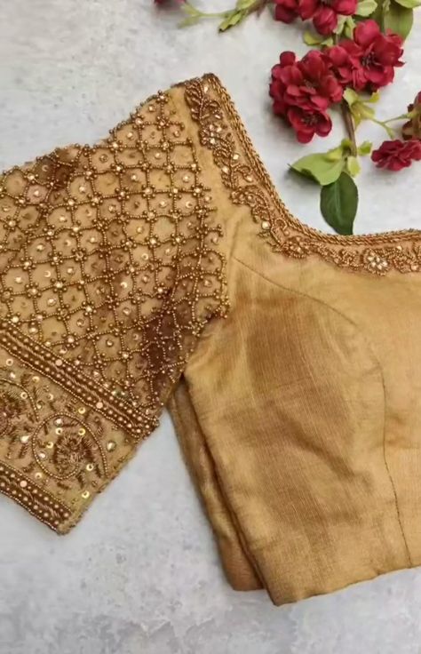 Golden Color Blouse Designs Aari Work, Blouse Design For Golden Saree, Golden Color Blouse Designs, Gold Color Blouse Designs, Golden Blouse Designs Pattern Style, Golden Blouse Aari Work, Golden Blouse Design, Wedding Frock Designs, Golden Blouse Designs