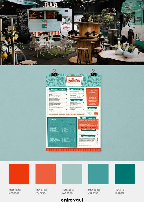 Outdoor cafes are a big hit. Here is a calm and happy color palette inspiration for an outdoor cafe or even a food truck. This beautiful brand design is by THE STREET FOOD COLLECTIVE. #colorplatte#branddesign#cafeinspiration#foodtruck Food Truck Menu Design Ideas, Food Truck Mood Board, Food Truck Colors, Food Truck Color Ideas, Food Truck Color Schemes, Food Truck Color Palette, Seafood Color Palette, Food Truck Branding Design, Food Truck Menu Design