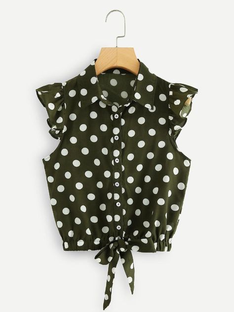 Navy Polka Dot Dress, Knot Front Top, Red Polka Dot Dress, Baby Dress Patterns, Flower Video, Top Shein, White Polka Dot Dress, Green Style, Cute Rompers