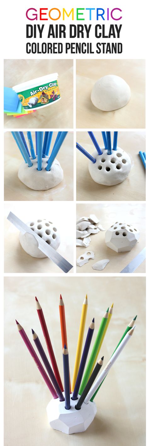 Geometric Colored Pencil Holder - Such a fun and beautiful DIY made out of air dry clay! #gearupforgreat #GearLove #ad Diy Brush Holder, Colored Pencil Holder, Makeup Brushes Holder, Diy Makeup Brush Holder, Diy Air Dry Clay, Tanah Liat, Clay Tutorials, Diy Makeup, Dry Clay