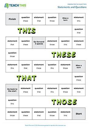 ESL This, That, These, Those Board Game - Listening and Speaking Activity - Pre-intermediate (A2) - 25 minutes In this demonstrative adjectives board game, students practice making statements and questions with this, these, that and those. Adjectives Esl, Demonstrative Adjectives, Esl Adults, Adjectives Activities, Efl Teaching, Speaking Activity, Parts Of Speech Activities, Adjective Worksheet, Esl Games