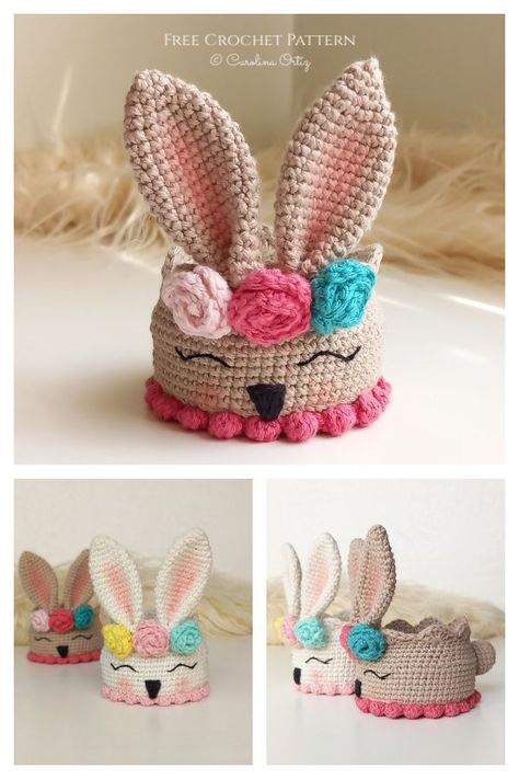 Crochet Easter Basket Free Pattern, Easter Bunny Basket Crochet, Crochet Easter Basket Pattern, Easter Crochet Patterns Free, Easter Basket Pattern, Easter Bunny Crochet Pattern, Crochet Easter Basket, Basket Flowers, Crochet Basket Pattern Free