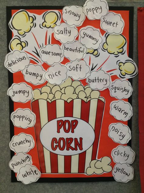 Popcorn Writing - learning about adjectives English 3d Projects, Adjectives Project Ideas, Aktiviti Tadika, English Corner, Creative School Project Ideas, Common Nouns, English Projects, Classroom Anchor Charts, Colorful Borders Design