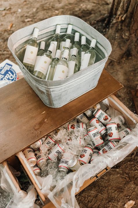 Dreamy DIY Backyard Langley Wedding with Chelan & Andrew — The Koebels Wedding Coolers Drink Stations, Diy Drink Station Party, Self Serve Cocktail Bar Wedding, Self Serve Bar Ideas For Wedding, Selfserve Bar Wedding, Self Serving Bar Wedding, Self Serve Alcohol Bar Wedding, Boho Drink Station, Self Service Bar Wedding