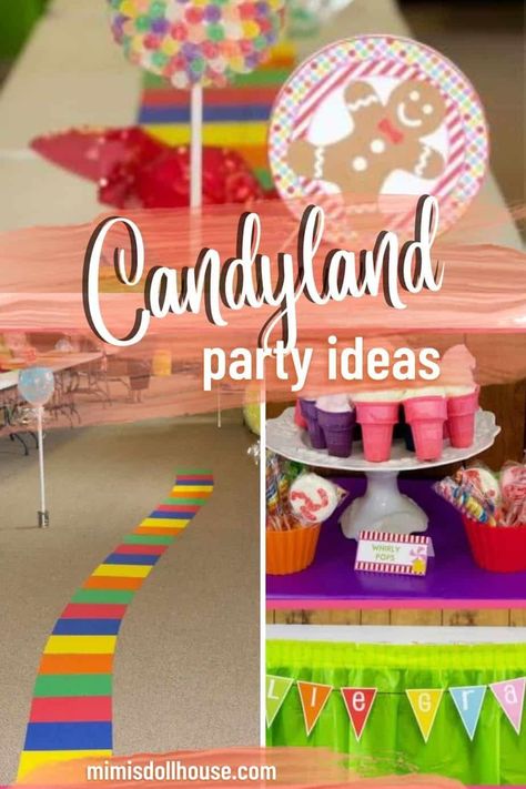 Candyland Party: Ellie and Amelia's Sweet Event. Through gumdrop trees and over chocolate rivers...it's a candy land party Be sure to check out all our Candyland Party Ideas. #candyland #candy #party #partyideas #parties #birthday Gummy Hills Candyland Decor, Candy Crush Party Ideas, Candyland Party Activities, Candyland Table Runner, Real Life Candy Land Game, Candyland Party Theme Decor, Candyland Treat Table, Ice Cream Sea Candyland, Candyland Carnival Games