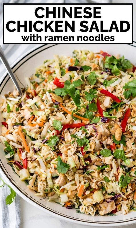 This quick and easy Chinese chicken salad uses bagged coleslaw mix, leftover rotisserie chicken and ramen noodles for a crunchy asian chicken salad that's great for lunches, dinners, potlucks and more. The tasty Chinese chicken salad dressing uses the flavor packets from the ramen noodles. Your family will love this. Ramen Chinese Chicken Salad, Chinese Chicken Salad With Ramen Noodles, Coleslaw With Ramen Noodles, Easy Chinese Chicken Salad, Chicken And Ramen, Healthy Ramen Noodle Recipes, Chinese Chicken Salad Dressing, Easy Chinese Chicken, Rotisserie Chicken Recipes Healthy