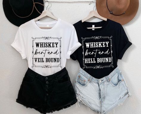 Whiskey Bent And Veil Bound Bachelorette, Nashville Bride Outfit, Bachelorette Shirt Ideas, Nashville Bachelorette Party Outfit, Bach Party Shirts, Bachelorette Party Nashville, Jack Daniels Shirt, Bachelorette Vibes, Country Bachelorette Parties