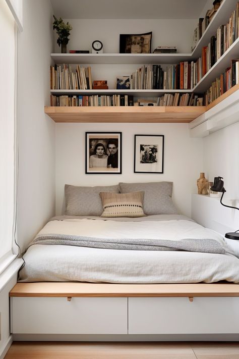 Maximize your small bedroom with smart organization hacks! This post reveals clever tips to optimize, and enhance your space. Find out how to create a functional, serene oasis, no matter the size. #SmallBedroom #SpaceSaving #OrganizingTips Tiny Bedroom Just Bed, Ikea Bedroom Ideas For Couples Small Spaces, Micro Bedroom Storage, Cozy Bedroom With Storage, Small Bedroom Configuration, Bedroom Tiny Space, Wall Storage Small Bedroom, Double Bed In Box Room, Small Bedrooms Idea