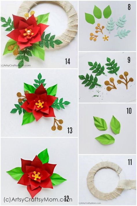 Make this Paper Poinsettia Wreath Craft to pretty up your front door this holiday season - with a little bit of rustic flavor and a little bit of glitter! Wreath Paper, Poinsettia Paper Flower, Christmas Paper Wall Decor, Paper Poinsettia Flower Diy, Paper Pointsetia Diy, Pointsetta Paper Flower, Paper Flower Christmas Poinsetia, Christmas Party Decorations Diy, Diy Christmas Table