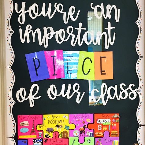 I love our classroom door. I printed individual puzzle pieces on @astrobrights card stock. On the first day of school, students decorated… Puzzle Bulletin Boards, Welcome Bulletin Boards, Door Bulletin Boards, Elementary Bulletin Boards, Kindergarten Bulletin Boards, Teacher Bulletin Boards, School Door Decorations, Classroom Doors, Preschool Bulletin