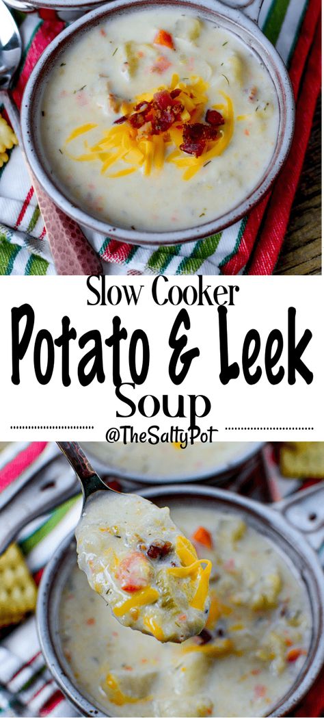 Creamy potato, leek, and bacon soup is slow-cooked to perfection. The creaminess from the cream, salty, smoky flavors from the bacon, and the potato/leek combination make this a soup that's like a big warm hug! Stick to your ribs, filling, and super inexpensive to make. Healthy Potato Leek Soup Recipe, Potato Leek Soup Crock Pot, Slow Cooker Potato Leek Soup, Potato And Leak Soup, Leek And Bacon Soup, Slow Cooker Potato, Soup Crock Pot, Leeks Soup Recipes, Leek And Potato Soup