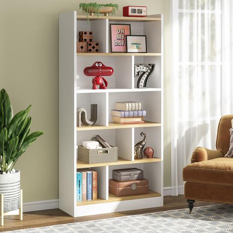 PRICES MAY VARY. 【BRING BACK FASHION STYLE】 Crisp white finish, Light brown shelves, this tall bookshelf blends aesthetics from simple and elegant together, easily upgrading your home decoration. Invite this stylish piece to your home and show off your storage! 【10 CUBE ORGANIZER】 Measuring 35.4” W x 11.8” D x 72” H, this 6-tier bookcase with 10 storage cubes offers various items a stage to shine like books, photos, and decorations. The wide top provides a large platform for fabric bins. Compart Tall White Bookcase, Cube Bookshelf, Bookcase Modern, Tall Bookshelf, Narrow Bookshelf, Home Library Rooms, Library Bedroom, Tall Bookshelves, White Bookshelves