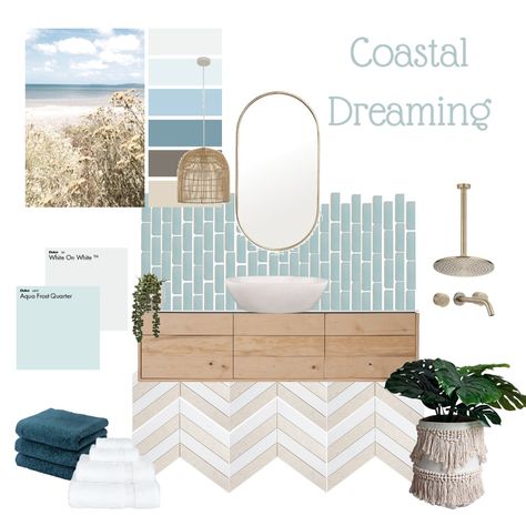 Coastal Calm Bathroom, Coastal Hamptons Bathroom Ideas, Beach’s Bathroom, Coastal Beach Interior, Colour Schemes For Bathroom, Coastal Concept Interior Design, Beach Vibe Bathroom Ideas, Beach Club Bathroom Design, Coastal Style Bathroom Ideas