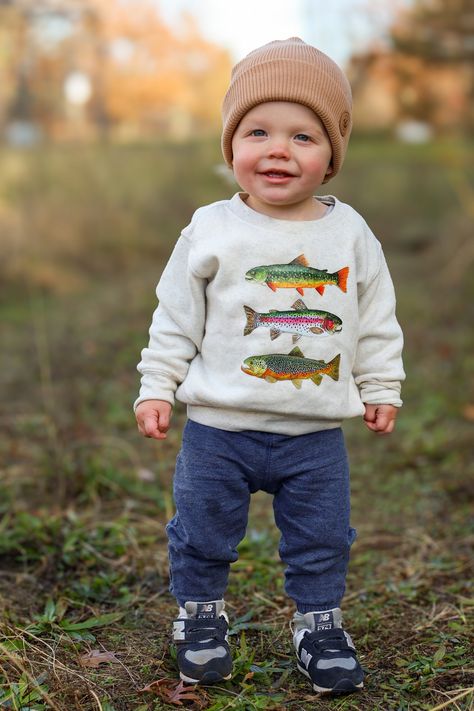 Toddler Trout Crewneck Sweatshirt Children's Fish Shirt Gender Neutral Children's Clothing Kids Fishing Shirt Kids Nature Clothing - Etsy 90s Boys Outfits, Country Toddler Boy, Boys Holiday Outfits, Levi Outfits, Baby Boy Ideas, Outdoorsy Kids, Nature Clothing, Toddler Boy Style