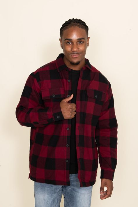 Get ready for declining temperatures in style with this North River Heavyweight Flannel Shirt Jacket for Men in Buffalo Red! This shacket comes with two looks in one, you can layer it over your fav tee or as a cozy button-down. You can’t go wrong with the soft fleece, traditional flannel look, and comfortable heavyweight design! Features: North River Style: NRM8046-BUFF Color: Buffalo Red Shell: 100% Cotton; Lining: 100% Polyester Men’s flannel shackets Heavyweight shacket for men Button sleeve Lumberjack Photoshoot, Flannel With Shorts, Red Flannel Outfit Men, Red Flannel Outfit, Green Flannel Shirt, River Style, Black Flannel Shirt, Red Flannel Shirt, Blue Flannel Shirt