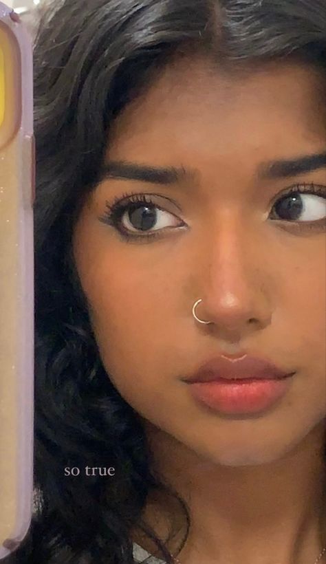 Contact Lense Aesthetic, South Asian Nose Piercing, Nose Piercing Aesthetic Indian, Nose Piercing Brown Girl, Nose Piercing Ideas Studs, Desi Nose Piercing, Ingenue Aesthetic Makeup, Nose Piercing Inspo Stud, Symmetrical Face Aesthetic