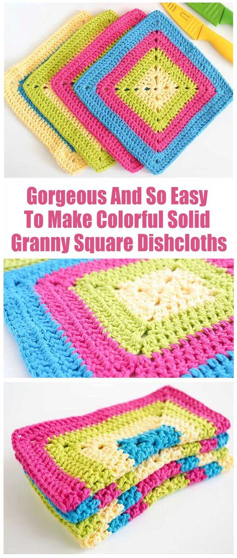 Colorful Solid Granny Square Dishcloths. I love colorful crochet projects! It’s just something about them so inviting and playful they just bring more joy to one’s life. Having colorful crochet dishcloths in the kitchen is like having a color therapy for free and without even knowing it may be, in the privacy of your home.  #crochet #aboutcrochet #crochetstitches #crochetpatterns #crochettutorial #freecrochetpattern #crochettips #crochettechniques #crochetprojects #crochetdishcloths #crochethome Crochet Granny Square Dishcloth Pattern, Granny Square Washcloth, Learning Crochet, Granny Square Pattern Free, Solid Granny Square, Crochet Stuffies, Dishcloth Patterns Free, Sunburst Granny Square, Granny Square Haken