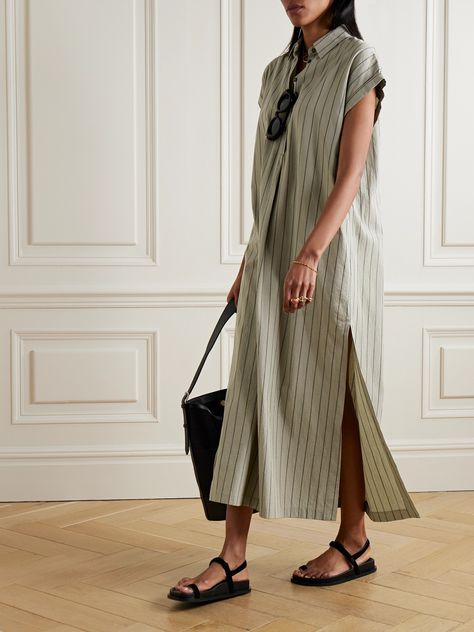 Matteau's striped maxi dress is made from a certified organic cotton and linen-blend that's lightweight and breathable, so you can feel comfortable wearing it on balmy days in the city or as a coverup at the beach. It's designed for an oversized fit enhanced by deep side splits and has a neat collar. Long Dresses With Sleeves Casual, Maxi Dress Blazer, Stripe Dress Outfit, Italy Wardrobe, Dresses By Style, Striped Clothes, Net Sustain, Striped Maxi Dress, Maxi Shirts