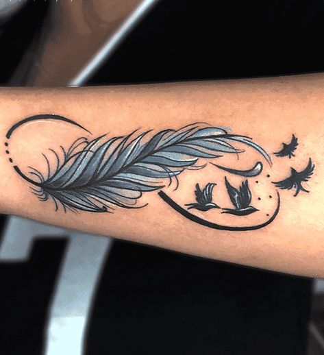 Infinity Feather Tattoo Design For Women, 55 Tattoo, Feather Tattoo Colour, Forearm Cover Up Tattoos, Infinity Tattoo With Feather, Cover Up Tattoos For Women, Wrist Tattoo Cover Up, Mom Tattoo Designs, Feather Tattoo Design