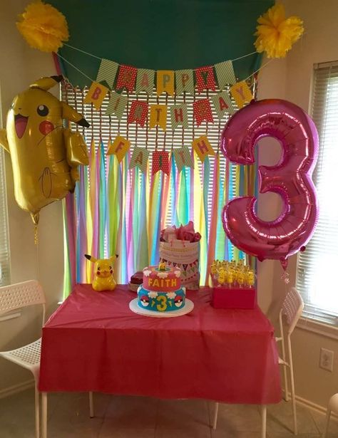 Girl Pikachu Party Pikachu Girl Birthday Party, Pokemon 3rd Birthday Party, Pink Pokemon Party, Girl Pokemon Birthday Party, Pikachu Party Ideas, Powerpuff Girls Decorations, Birthday Party Pokemon, Pikachu Girl, Pokemon Birthday Party Ideas