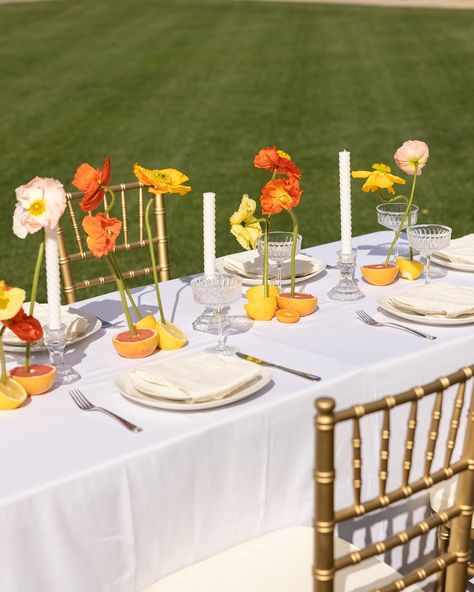 When @annapaulinephotography @stoddardfloralandco and I were designing this bridesmaids tablescape, we stumbled upon a floral design that had florals organically growing out of sunset colored fruit. The poppies were Anna’s favorite of the day and boy did they turn out incredibly beautiful! Do you like poppies in floral design? 😍 Photographer: @_ameysphotography Creative Director: @annapaulinephotography Planner: @bashboulevard Venue: @theantillamansion Florist: @stoddardfloralandco Hair... Orange Floral Tablescape, Fruit And Floral Tablescape, Wes Anderson Floral, Summer Wedding Color Palette Bright, Colored Tablecloths Wedding, Poppy Themed Party, Sunset Flowers Wedding, Colorful Wedding Tablescape, Sunset Theme Party