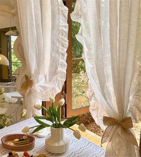 Linen Coquette Gauze Curtain Coquette Curtains, Olive Room, Dusty Pink Curtains, White Curtains Living Room, Balcony Curtains, Cottage Curtains, Ruffle Curtains, French Curtains, Shabby Chic White