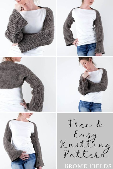 multiple pics of a model wearing a wool ribbed crop shrug Knitted Shrug Pattern, Knit Shrug Pattern Free, Knitted Shrugs Free Patterns, Knit Shrug Pattern, Knit Shrugs, Knitting Styles, Knitting Pattern Beginner, Crop Shrug, Chunky Knit Sweater Pattern