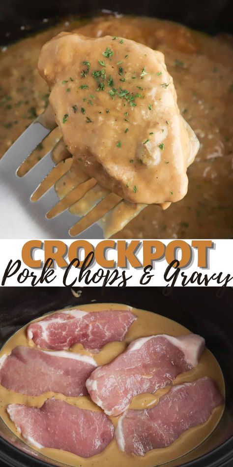 Make dinner stress-free tonight with this simple, yet delicious slow cooker pork chops and gravy recipe. With minimal effort and easy ingredients, you can have a creamy and silky-smooth dish that the whole family will love. Pork Chop And Rice In Crock Pot, Tender Crockpot Pork Chops, Pork Chop And Stuffing Recipes Crock Pot, Pork Chops And Gravy In The Crock Pot, Creamy Pork Chop Recipes Crockpot, Crock Pot Smothered Pork Chops Easy, Crockpot Recipes Slow Cooker Pork Chops, Gravy Pork Chops Crock Pot, Crock Pot Recipes For Pork Chops