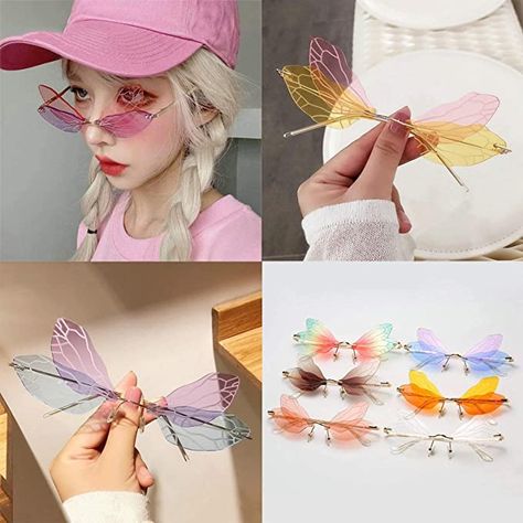 PALAY® Frameless Dragonfly Wing Sunglasses for Women Comob Retro Transparent Ocean Lens Glasses Men's Pink Yellow Sunglasses Glasses (Pink+Yellow) Wing Sunglasses, Yellow Sunglasses, Protective Eyewear, Dragonfly Wings, Shaped Sunglasses, Sunglasses Uv Protection, Heart Shaped Sunglasses, Trendy Sunglasses, Wings Design