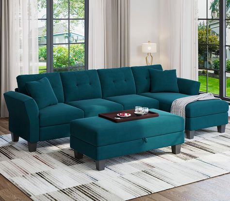 Teal Couch Living Room, Teal Sofa Living Room, Sectional Sofa Living Room, L Shaped Sofa Designs, Large Storage Ottoman, Chaise Sectional Sofa, Affordable Sofa, Couch With Ottoman, Sectional Sofas Living Room