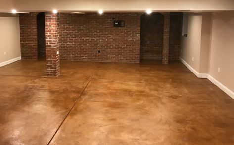 Stained Concrete Basement Floor, Tile Basement Floor, Diy Concrete Stain, Concrete Basement Walls, Painting Basement Floors, Concrete Basement Floors, Acid Stained Concrete Floors, Basement Floors, Decorative Concrete Floors