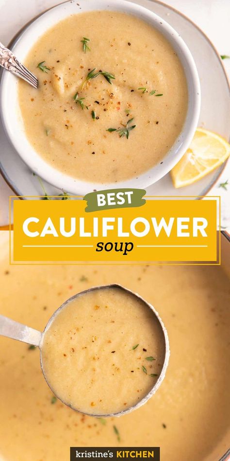 This Cauliflower Soup is smooth, creamy and comforting! Roasting the cauliflower brings out its delicious caramelized, nutty flavor. This roasted cauliflower soup recipe is healthy and easy to make! Coliflower Soup, Cream Of Cauliflower Soup Recipe, Easy Cauliflower Soup, Cauliflower Soup Healthy, Cozy Soups, Cauliflower Soup Recipe, Creamy Cauliflower Soup, Roasted Cauliflower Soup, Broccoli Cheese Soup Recipes