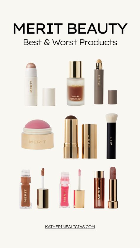 Graphic of All Merit Beauty Products for a review. Featuring the best and worst products. Merit Persimmon Blush, Merit Millennial Lipstick, Merit Beauty Eyeshadow, Merit Beauty Bronzer, Merit Skincare, Merit 5 Minute Morning, Merit Bronze Balm, Merit Beauty Lipstick, Merit Makeup Tutorial