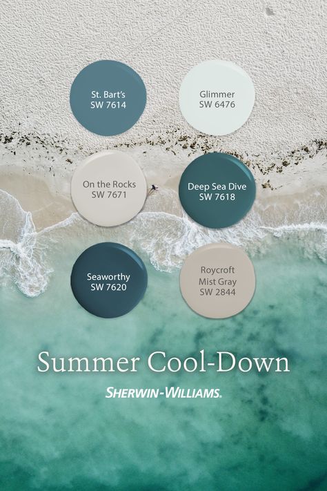 Life's a beach with paint colors from Sherwin-Williams. These ocean-inspired hues will make your living room, bathroom, or bedroom feel as beautiful as a cool, ocean breeze. Tap this pin to order FREE color chips in the mail. #sherwinwilliams #DIY #interiordesign #color #inspiration #paint #decor #homedecor #oceantheme #beachthemed Ocean Paint Palette, Beach House Bedroom Paint Colors, Sherwin Williams Oceanside Color Palette, Sw Topsail, Bridesmaid Palette, Retirement Cottage, Ocean Color Palette, Coastal Paint Colors, Paint Decor