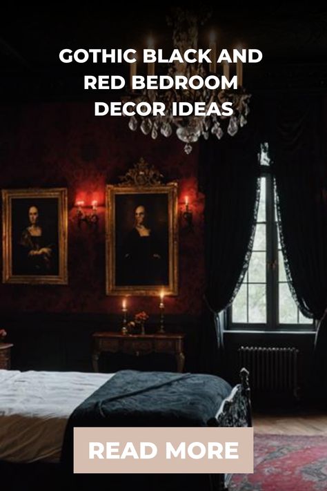 Gothic-themed bedroom with dark red walls, two paintings, chandelier, and a large window. Black And Burgundy Bedroom Ideas, Dark Red Walls Bedroom, Red Bed Aesthetic, Black And Red Bedroom Aesthetic, Gothic Essentials, Black And Red Bedroom Decor, Red Bedroom Decor Ideas, Black And Red Bedroom, Burgundy Bedroom Ideas