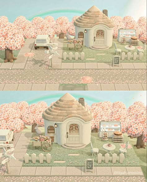 Acnh Island Inspirations Neighborhood, Pink Cobblestone Animal Crossing, Animal Crossing Aesthetic House, Animal Crossing Custom Path Codes, Acnh Island Designs Korea, Pink Acnh Island Entrance, Animal Crossing Moodboard, Animal Crossing Pastel Island, Coquette Animal Crossing Island