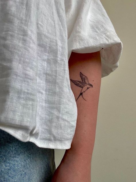 Wispy Lines Tattoo, Swallow Tattoo Leg, Swallow Bird Tattoo Fine Line, Minimal Sparrow Tattoo, Swallow Line Tattoo, Bird Tattoo Aesthetic, Fine Line Sparrow Tattoo, Fine Line Robin Tattoo, Swallow Bird Tattoo Small